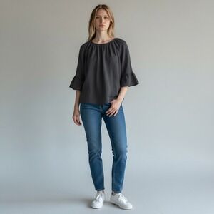 Cellabie Womens Grey Cotton Blend Ruffle Bell Sleeve Blouse MPP7C03PL Size M NWT